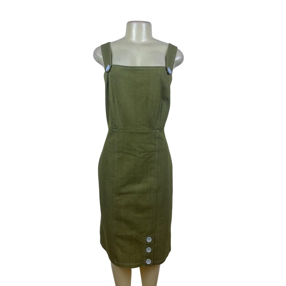 E.C. Star Women's Olive Green Sleeveless Denim Button Accent Midi Dress Sz L